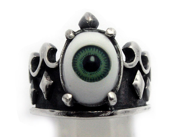 日本925純銀厚身重手綠色眼球皇冠戒指