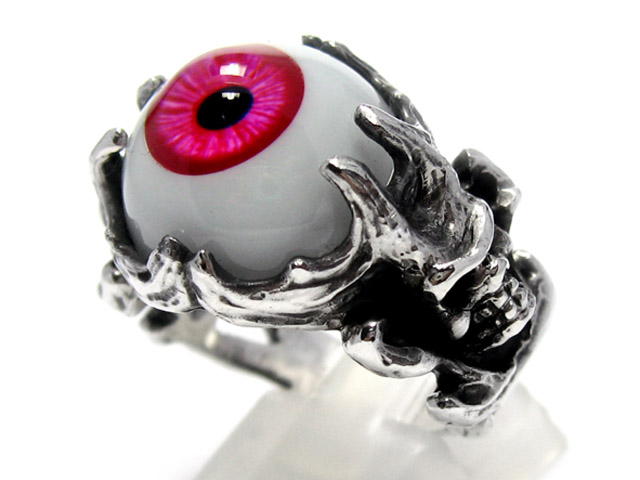 日本925純銀特大桃紅色眼球雙骷髏頭爪戒指