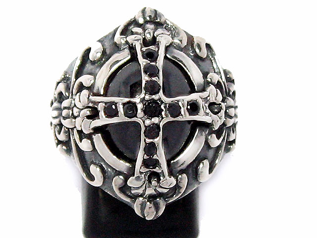 日本925純銀特大黑水晶十字架黑瑪瑙戒指
