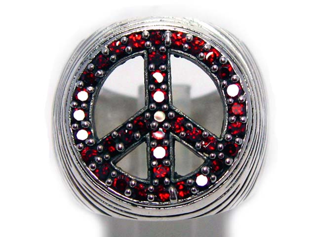 日本925純銀厚身重身全紅水晶和平標誌戒指