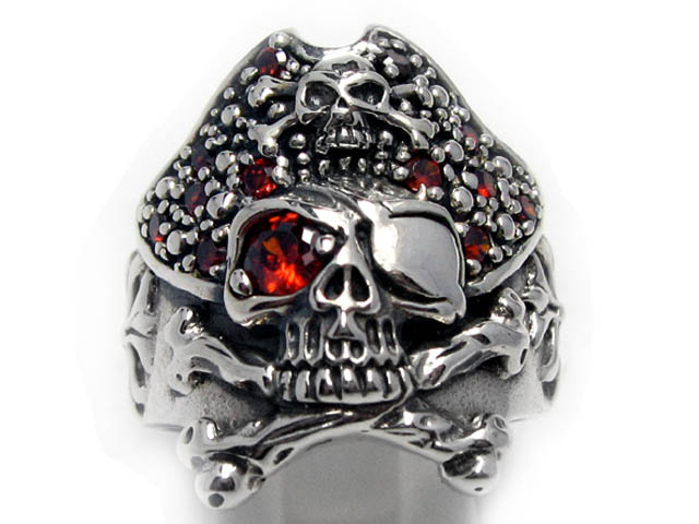 日本925純銀稀有全紅水晶海盜骷髏骨頭戒指