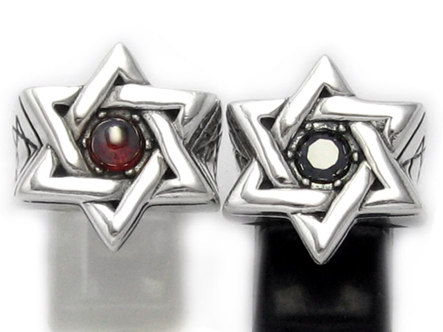 日本925純銀稀有大款紅黑水晶六角星大衛星戒指