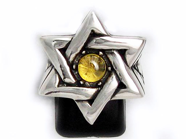 日本925純銀稀有大款黃水晶六角星大衛星戒指