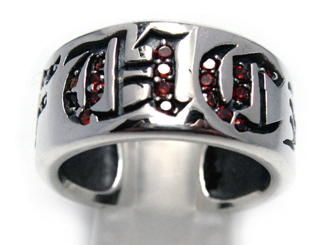 日本925純銀闊身全圍紅水晶英文字戒指