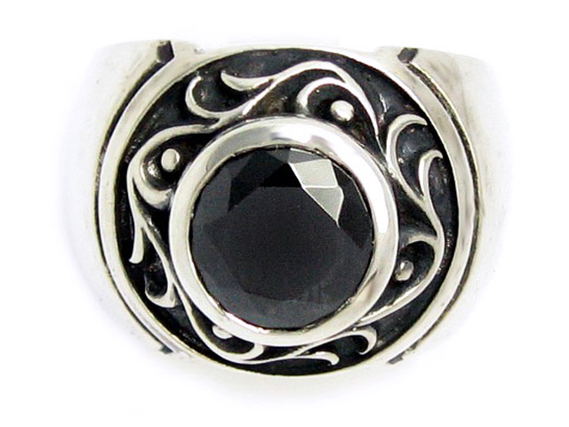 日本925純銀厚身重手大黑水晶荊棘紋戒指