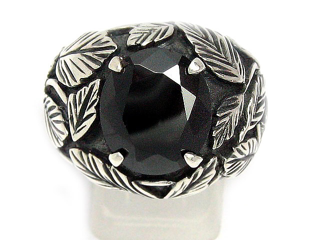 日本925純銀極靚全雕花樹葉切面黑水晶戒指