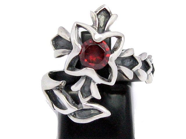 日本925純銀紅水晶凹凸荊棘花戒指 可調較大細