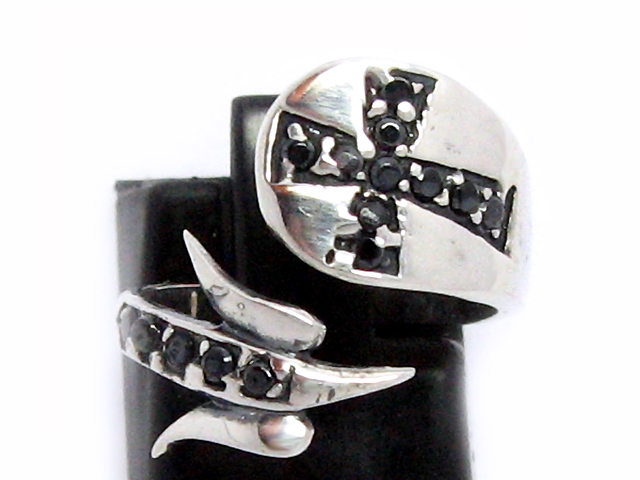 日本925純銀黑水晶白鴿十字架花戒指 可調較大細