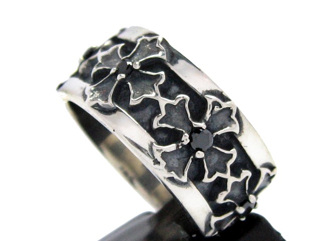 日本925純銀全黑水晶凹凸十字架荊棘紋戒指