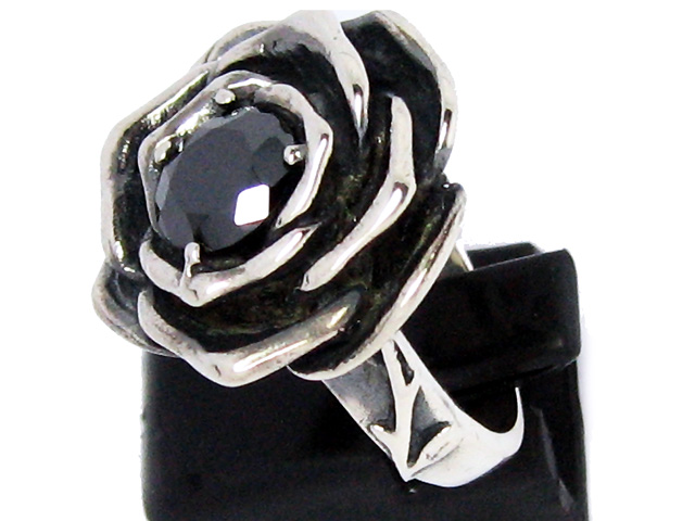 日本925純銀大切面黑水晶立體玫瑰花荊棘紋戒指