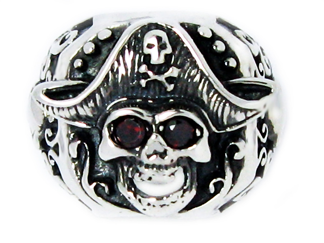 日本925純銀大款紅水晶骷髏頭海盜戒指