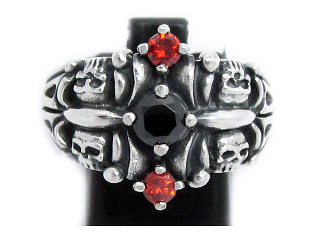 日本925純銀激靚骷髏骨頭紅黑水晶戒指  獨家品