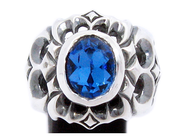 日本925純銀大款荊棘火紋雕花大藍水晶戒指