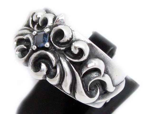 日本925純銀闊身厚身藍水晶全荊棘紋戒指
