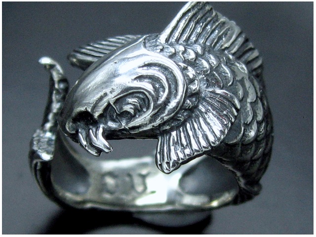 日本925純銀全雕花全鯉魚戒指