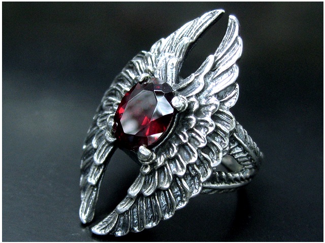 日本925純銀雙天使翼紅水晶戒指