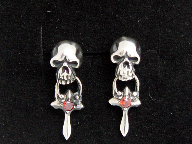 日本925純銀立體骷髏骨頭吊紅水晶耳環
