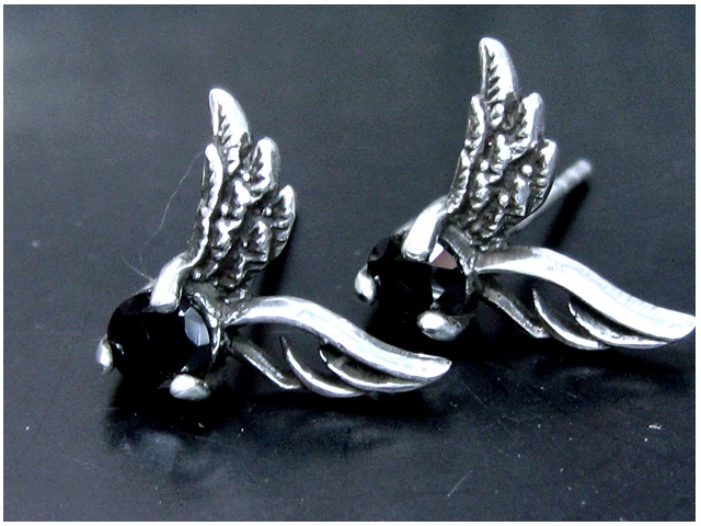 日本925純銀黑水晶天使翼耳環
