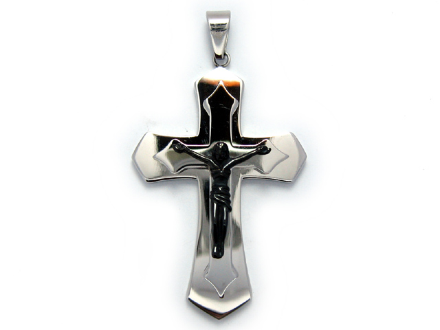 意大利純精鋼激厚重手銀黑色雙層十字架耶穌吊