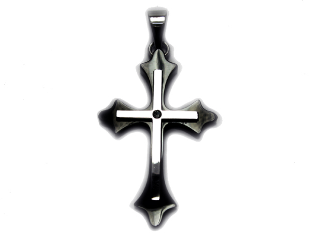 意大利純精鋼厚身銀黑色白水晶十字架吊咀
