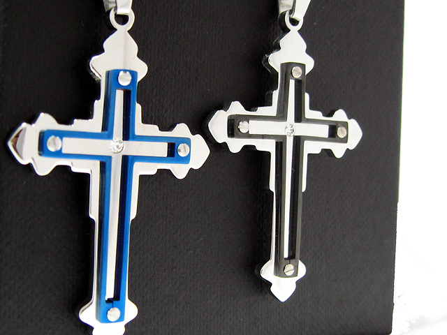 意大利純精鋼厚身大款藍黑色白水晶十字架吊咀