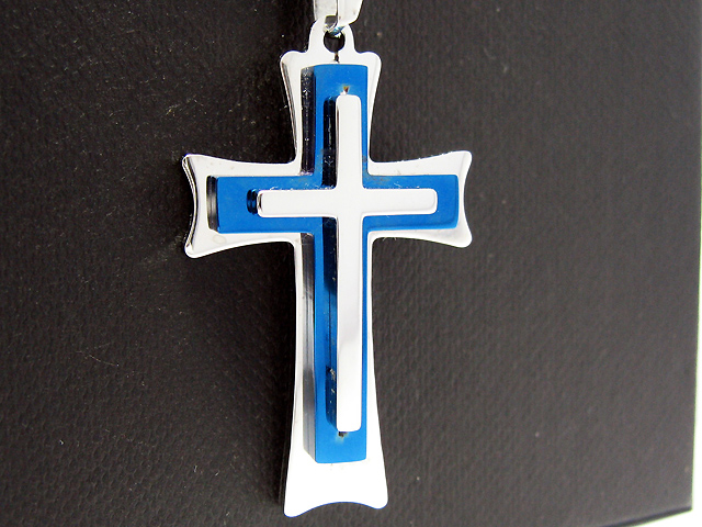 意大利純精鋼厚身重手三層設計冰藍銀色十字架
