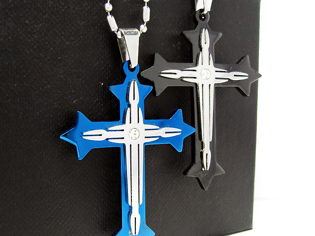 日本純精鋼大款冰藍色黑色白水晶十字架吊咀