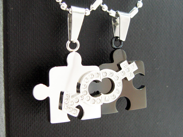 日本純精鋼銀黑 puzzle 砌圖白水晶男女符號情侶